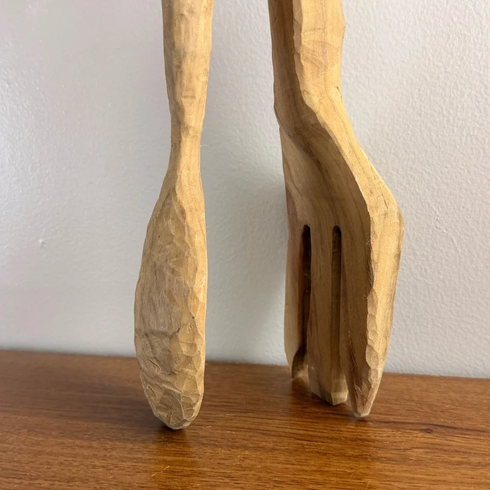 Vintage Hand Carved Teak Wood Salad Servers Spoon Fork Set Rustic Farmhouse Boho